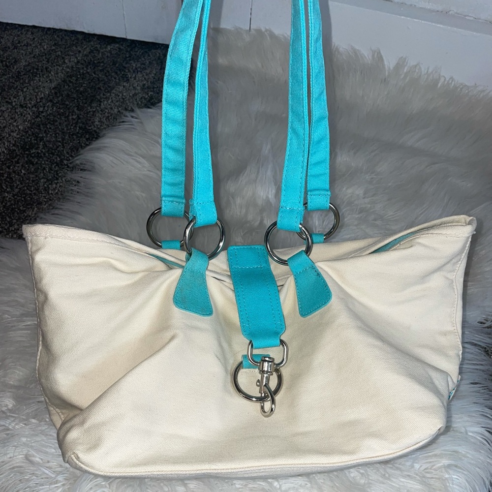 Matrix cream & blue mini tote bag.